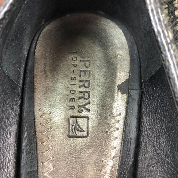 Sperry Women's Size 9.5M Top Sider Black Cream Tweed Peep Toe High Heel Wedges - Picture 12 of 13